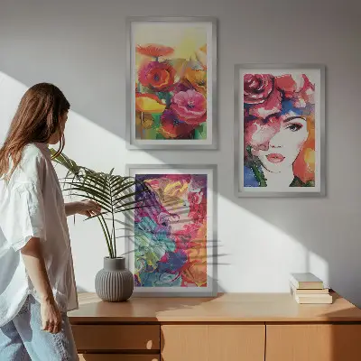 Zestaw 3 obrazów do salonu kwiaty i portret kobiety w intensywnych barwach