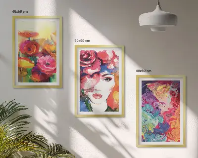 Zestaw 3 obrazów do salonu kwiaty i portret kobiety w intensywnych barwach