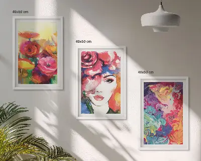 Zestaw 3 obrazów do salonu kwiaty i portret kobiety w intensywnych barwach