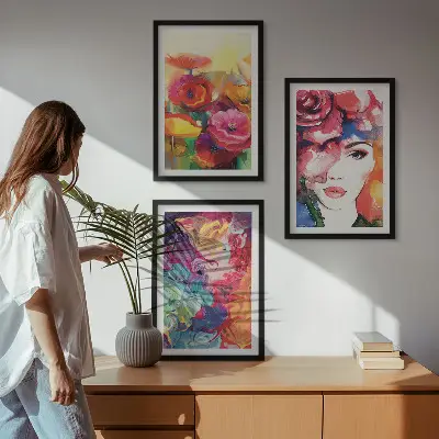 Zestaw 3 obrazów do salonu kwiaty i portret kobiety w intensywnych barwach