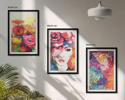 Zestaw 3 obrazów do salonu kwiaty i portret kobiety w intensywnych barwach