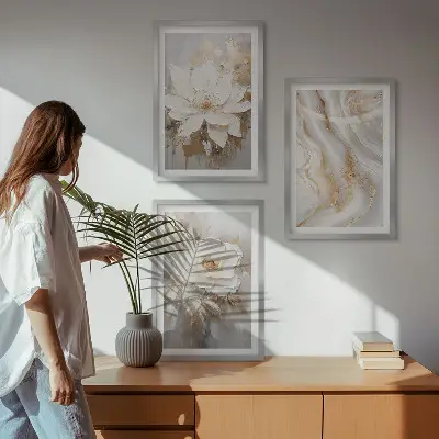 Zestaw obrazów do salonu kwiaty w stylu abstrakcyjnego marmuru