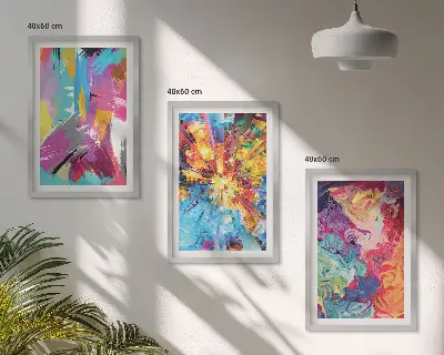 Zestaw 3 obrazów do salonu kolorowe abstrakcje z wzorami farb