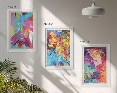 Zestaw 3 obrazów do salonu kolorowe abstrakcje z wzorami farb