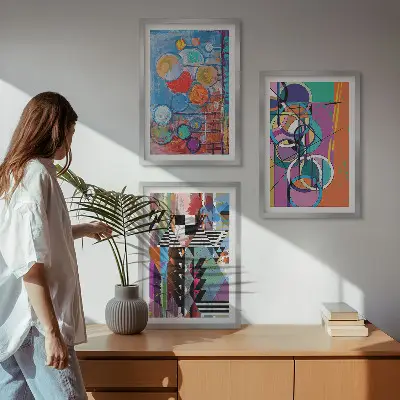 Zestaw obrazów do salonu kolorowe abstrakcje z geometrycznymi okręgami