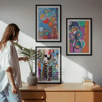 Zestaw obrazów do salonu kolorowe abstrakcje z geometrycznymi okręgami