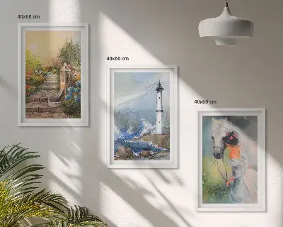 Zestaw 3 obrazów do salonu przedstawiający scenerię z latarnią morską, koniem i dziewczyną