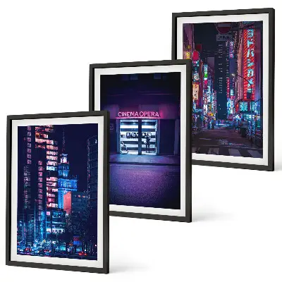 Kompozycja obrazów na ścianę nocne miasto z neonowym wejściem