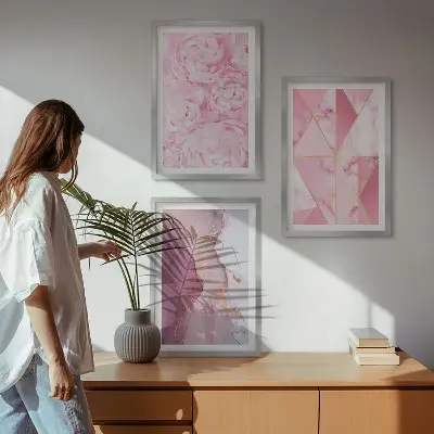 Zestaw 3 różowych obrazów geometryczne piwonie do salonu zestaw 3 sztuk