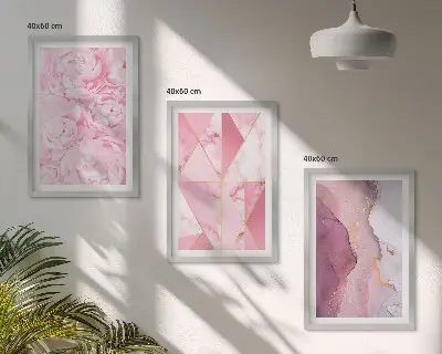 Zestaw 3 różowych obrazów geometryczne piwonie do salonu zestaw 3 sztuk