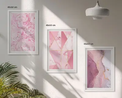 Zestaw 3 różowych obrazów geometryczne piwonie do salonu zestaw 3 sztuk