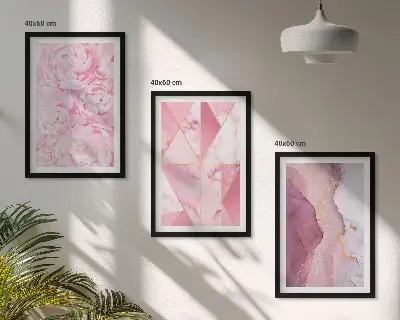 Zestaw 3 różowych obrazów geometryczne piwonie do salonu zestaw 3 sztuk