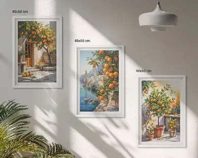 Zestaw 3 obrazów do salonu malowane cytrusy i krajobrazy