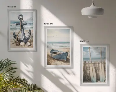 Zestaw 3 obrazów do salonu z motywem kotwicy łódki wioseł i plaży