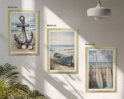 Zestaw 3 obrazów do salonu z motywem kotwicy łódki wioseł i plaży
