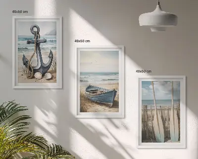 Zestaw 3 obrazów do salonu z motywem kotwicy łódki wioseł i plaży
