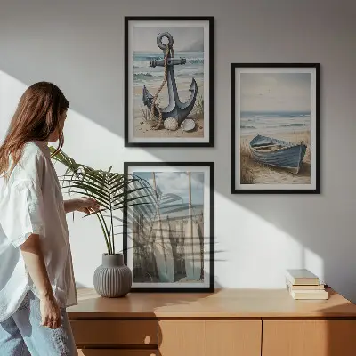 Zestaw 3 obrazów do salonu z motywem kotwicy łódki wioseł i plaży