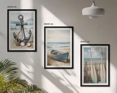 Zestaw 3 obrazów do salonu z motywem kotwicy łódki wioseł i plaży