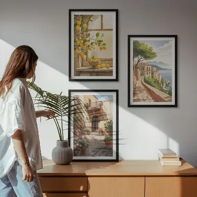 Zestaw obrazów do salonu z motywem owoców cytrusowych oraz nadmorskiego miasteczka