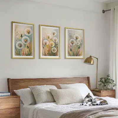 Zestaw 3 obrazów do salonu z motywem pastelowych kwiatów dmuchawców i traw