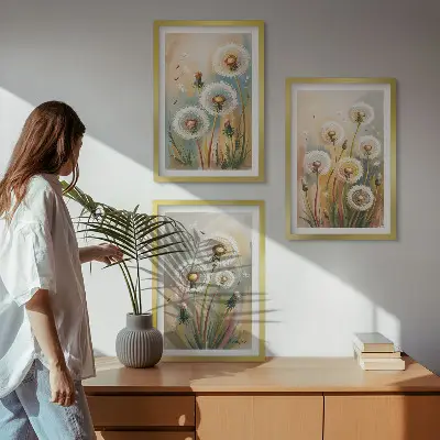 Zestaw 3 obrazów do salonu z motywem pastelowych kwiatów dmuchawców i traw
