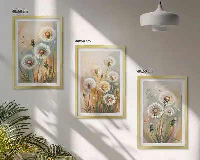 Zestaw 3 obrazów do salonu z motywem pastelowych kwiatów dmuchawców i traw