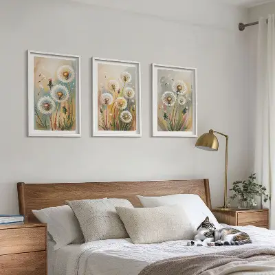 Zestaw 3 obrazów do salonu z motywem pastelowych kwiatów dmuchawców i traw