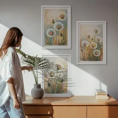Zestaw 3 obrazów do salonu z motywem pastelowych kwiatów dmuchawców i traw