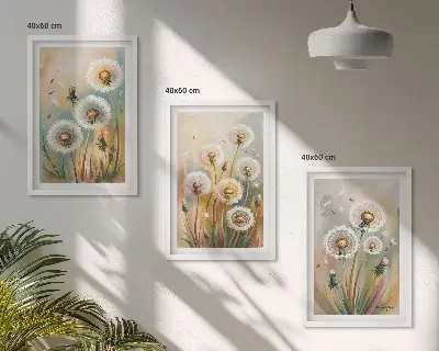 Zestaw 3 obrazów do salonu z motywem pastelowych kwiatów dmuchawców i traw