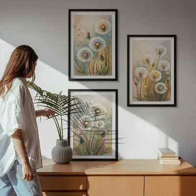 Zestaw 3 obrazów do salonu z motywem pastelowych kwiatów dmuchawców i traw