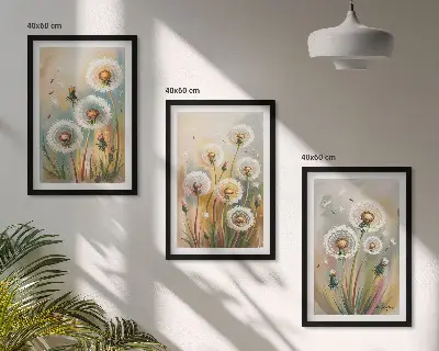 Zestaw 3 obrazów do salonu z motywem pastelowych kwiatów dmuchawców i traw