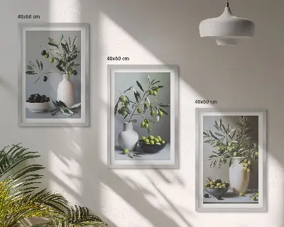 Zestaw obrazów do salonu oliwki w wazonach w stonowanej kolorystyce