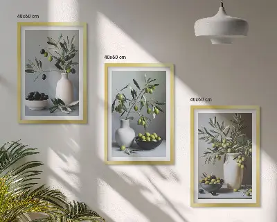 Zestaw obrazów do salonu oliwki w wazonach w stonowanej kolorystyce