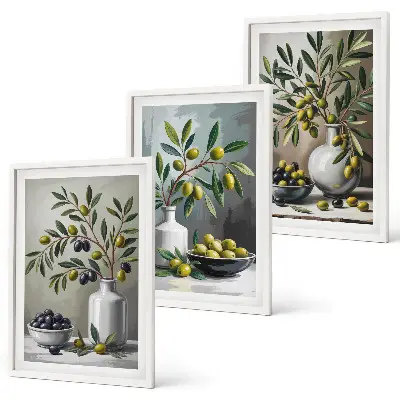 Zestaw 3 obrazów do salonu oliwki ceramiczne w kolorze szarym