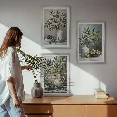 Zestaw 3 obrazów do salonu oliwki ceramiczne w kolorze szarym