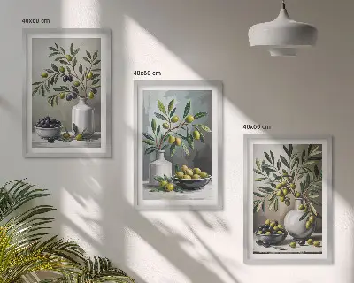 Zestaw 3 obrazów do salonu oliwki ceramiczne w kolorze szarym