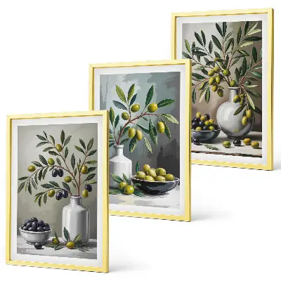 Zestaw 3 obrazów do salonu oliwki ceramiczne w kolorze szarym