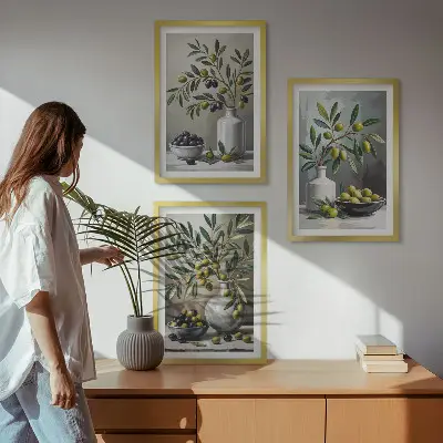 Zestaw 3 obrazów do salonu oliwki ceramiczne w kolorze szarym
