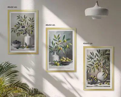 Zestaw 3 obrazów do salonu oliwki ceramiczne w kolorze szarym