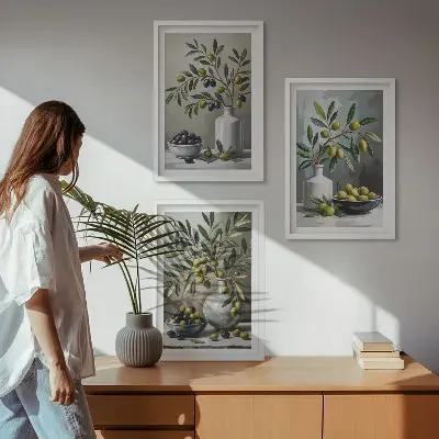 Zestaw 3 obrazów do salonu oliwki ceramiczne w kolorze szarym