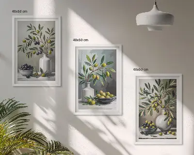 Zestaw 3 obrazów do salonu oliwki ceramiczne w kolorze szarym
