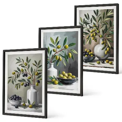 Zestaw 3 obrazów do salonu oliwki ceramiczne w kolorze szarym