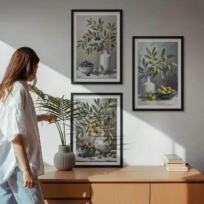 Zestaw 3 obrazów do salonu oliwki ceramiczne w kolorze szarym