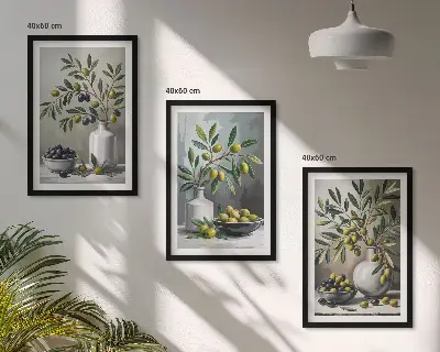 Zestaw 3 obrazów do salonu oliwki ceramiczne w kolorze szarym