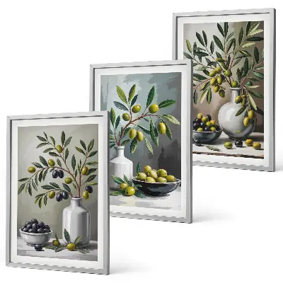 Zestaw 3 obrazów do salonu oliwki ceramiczne w kolorze szarym