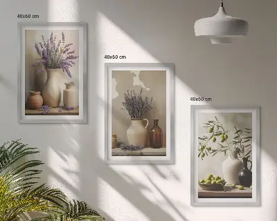 Zestaw obrazów do salonu kwiaty w wazonach z motywem oliwek