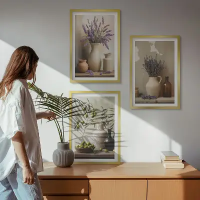 Zestaw obrazów do salonu kwiaty w wazonach z motywem oliwek