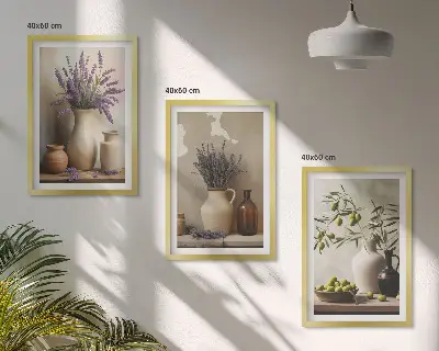 Zestaw obrazów do salonu kwiaty w wazonach z motywem oliwek