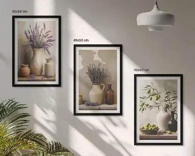 Zestaw obrazów do salonu kwiaty w wazonach z motywem oliwek