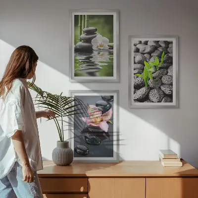 Kompozycja obrazów na ścianę spokojna kompozycja zen z kwiatami i wodą